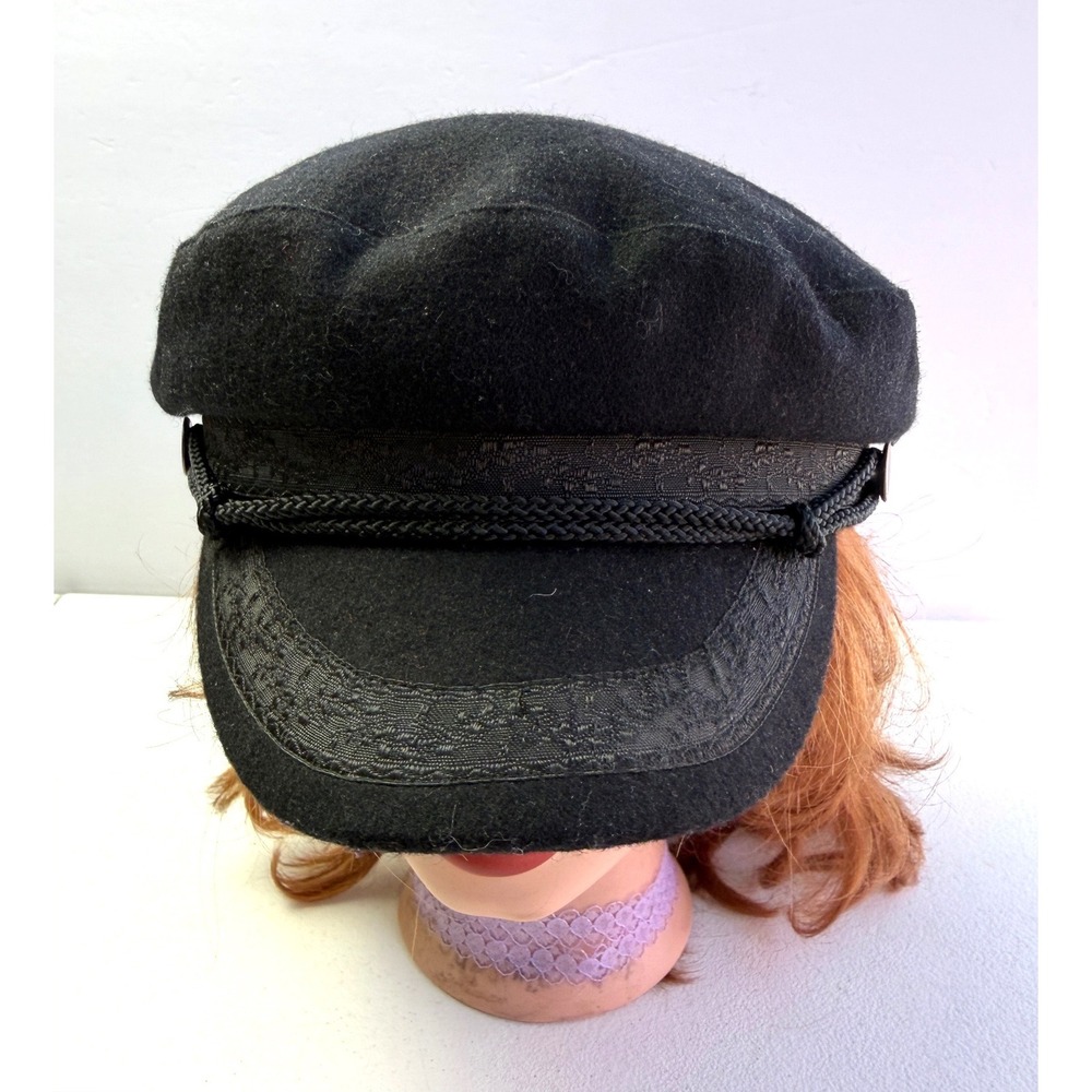 Broner Fisherman Cap XL Black Wool Blend Nautical Greek Sailor Fiddler Hat Vtg